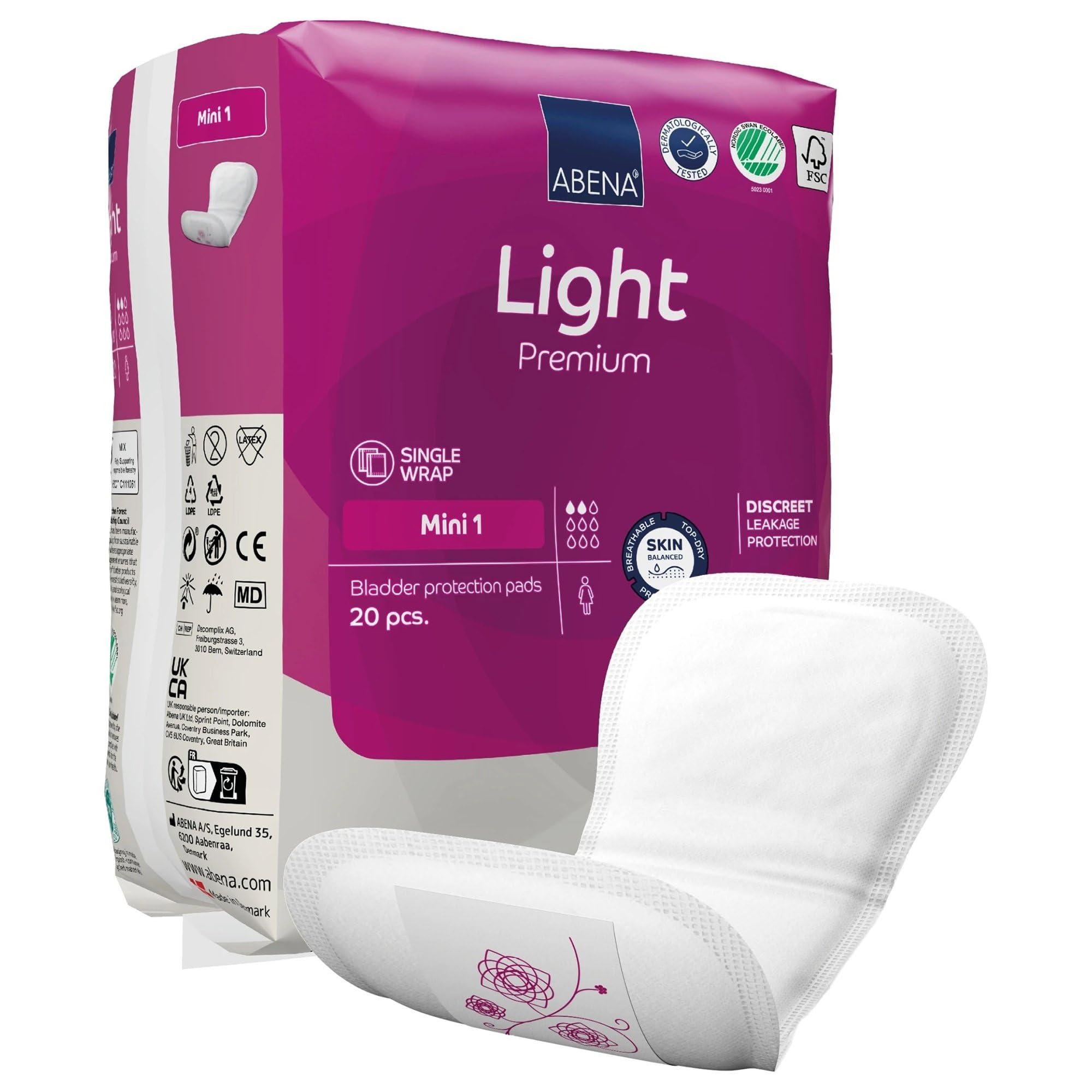 ABENA Abena Light Incontinence Pads For Women, Anatomically Designed Barriers For Urinary Leak Protection, Breathable, Comfortable with Fast Absorption, Self-adhesive Strips - Light Mini 1, 180ml, 20 Count