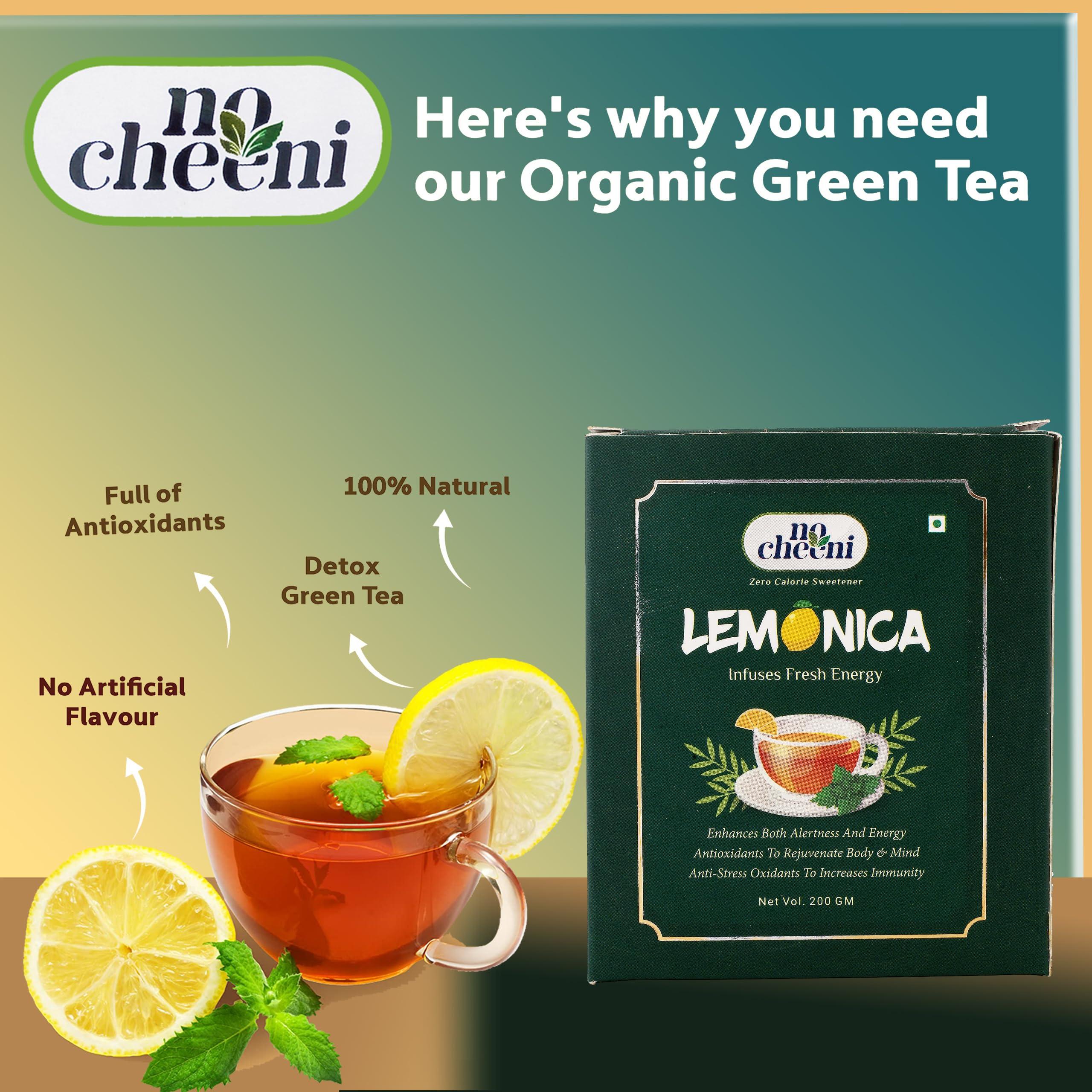 No Cheeni No Cheeni Stevia Lemon Green Tea Bags, All Natural Flavour, Zero Calories - Improves Metabolism & Reduces Waist - 200gm (40 Sachet)