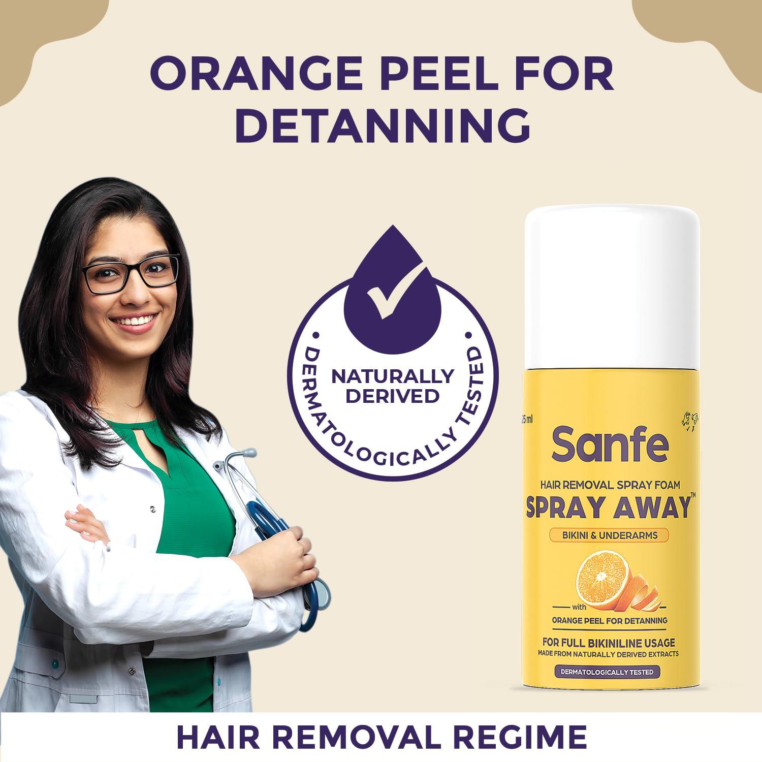 Sanfe Sanfe Painless & Detan Hair Removal Spray Cream - 25 ml | For Bikini, Chest, Legs, Arms & UnderArm | Removes Hair in 10 Minutes with Skin Detan | Orange Peel, Aloevera, Vitamin E & Niacinamide