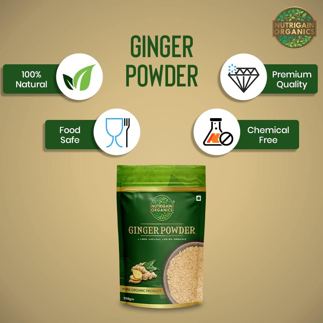 NUTRIGAIN ORGANICS Nutrigain Organic Ginger Powder | 100% Pure Adrak | Use In Tea Or Cooking | Premium And Desi Sunth | Fresh And Fine Powder | 250 grams Pack Of 3