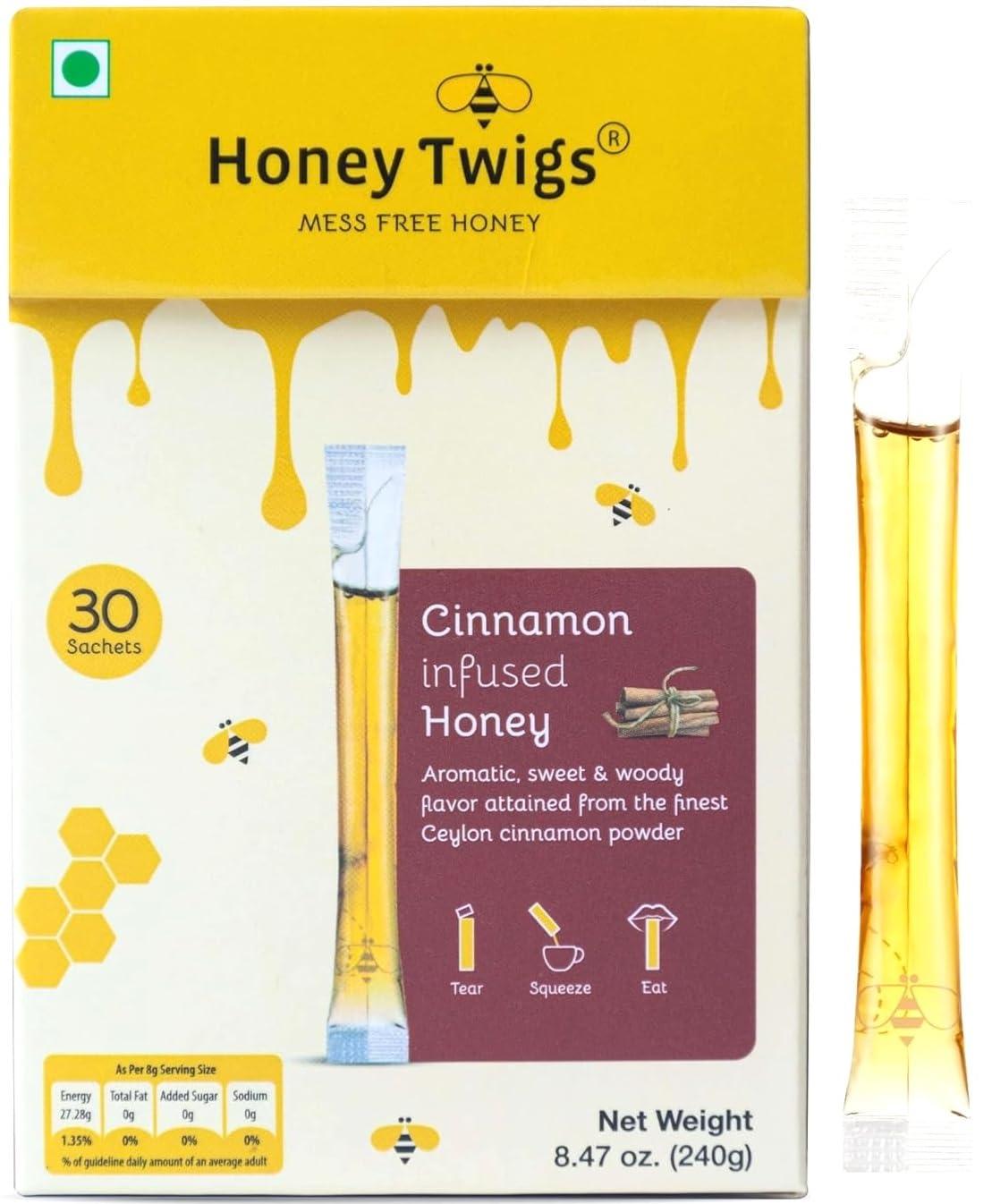 Honey Twigs Honey Twigs Cinnamon Infused Honey | Pure Honey, 240gms (30 Single Sachets) | Grade A Honey - Traceable Source | Zero Additives | Zero Added Sugar | Immunity Booster | Natural Flavour Honey