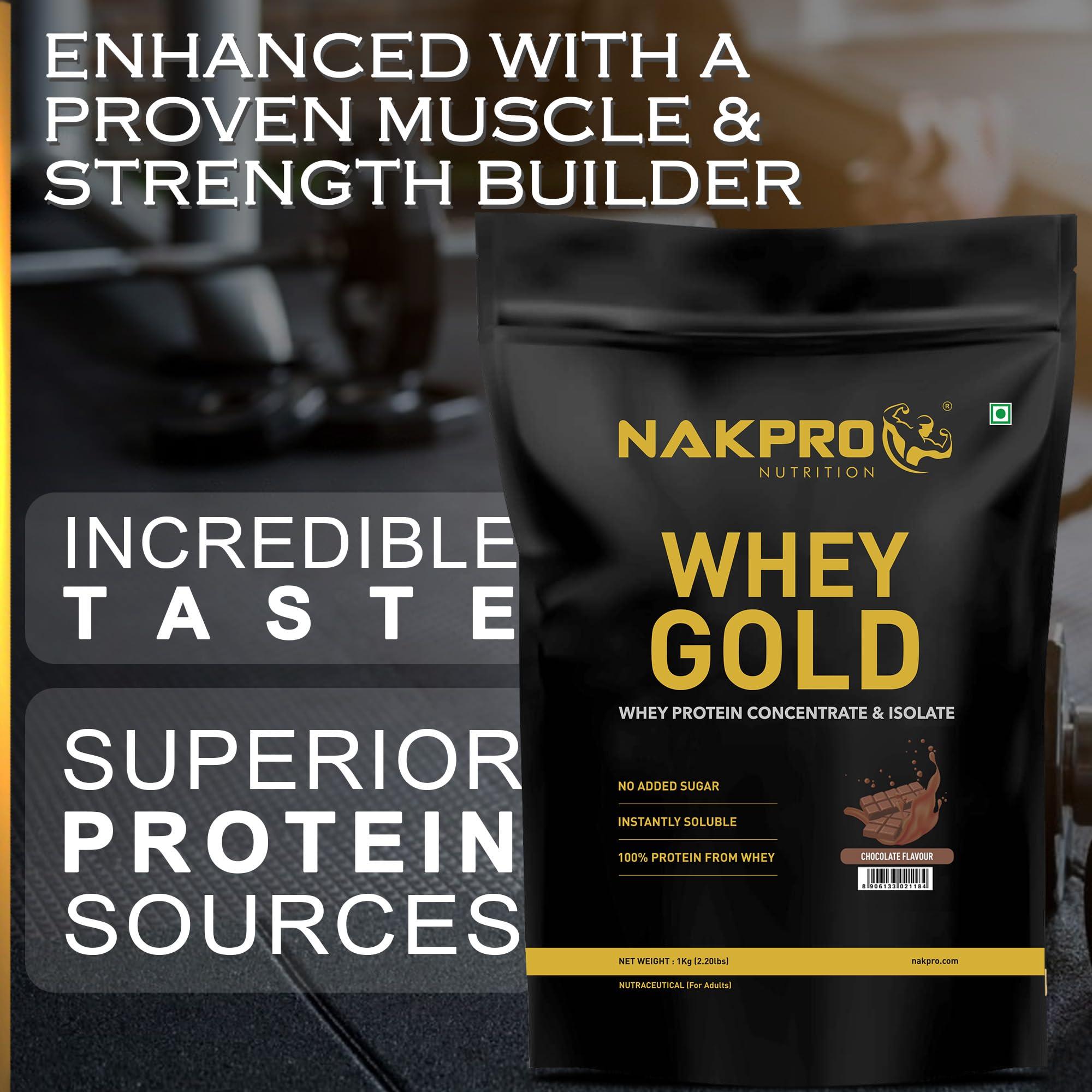 NAKPRO NAKPRO Gold Whey Protein Concentrate & Isolate 1kg Chocolate | 25.5g Protein, Trustified Certified Supplement Powder | Fast Absorbing Whey Protein Powder