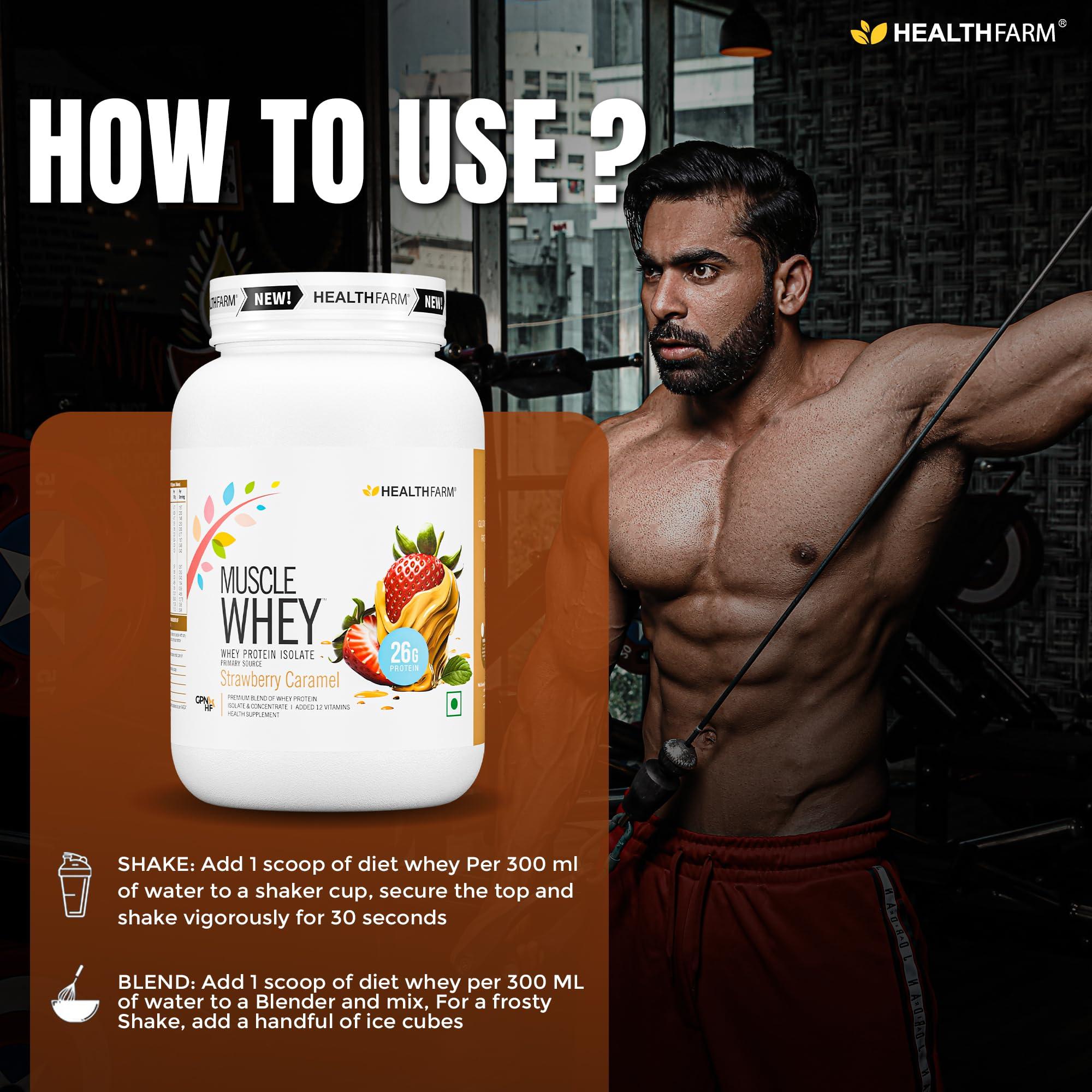 HEALTHFARM HEALTHFARM Muscle Whey Protein, Lab Tested For Purity| Zero Banned Substance (Strawberry Caramel, 1Kg)