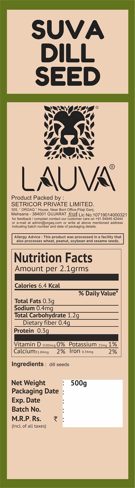 LAUVA LAUVA Natural Premium Dill Seeds I Suva Seeds I Suwa Dana I Suva - 1 Kg, Pack Of (2X500G)
