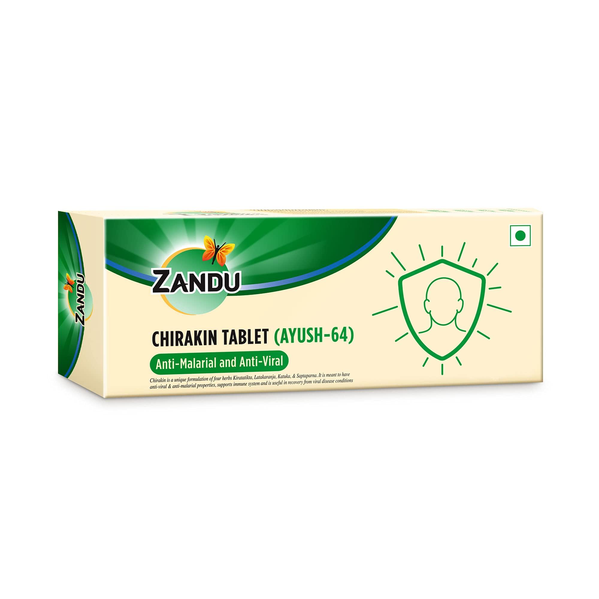 Zandu Zandu Chirakin Tablets (Ayush 64), Protection from Infections and Antiviral Properties, Helps in Managing & Building Overall Immunity, Health & Wellness - (Pack of 10 Tablets x 12 Strips)