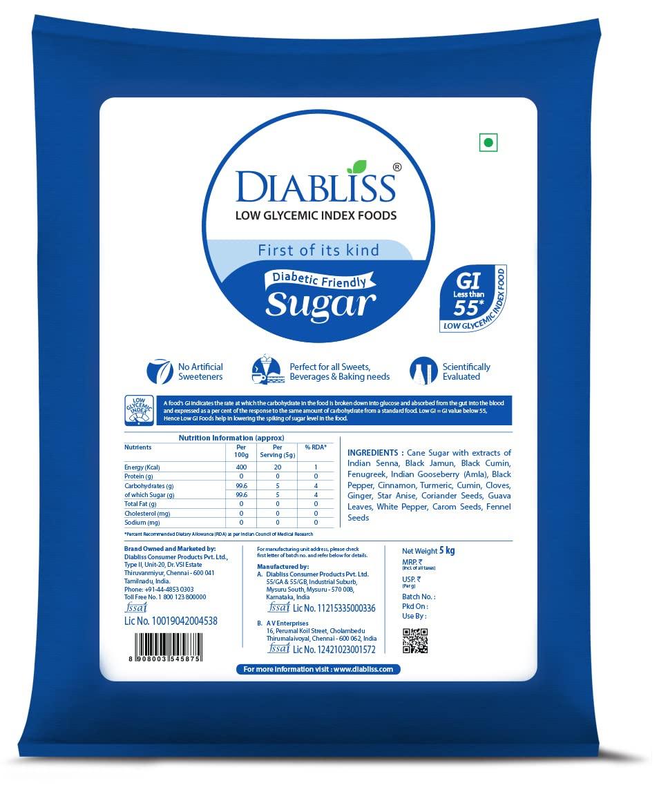 Diabliss Diabliss Diabetic Friendly Herbal Cane Sugar - Free from Chemicals Artificial Sweetener Natural Health and Wellness -LOW GI Sugar 5kg bag.