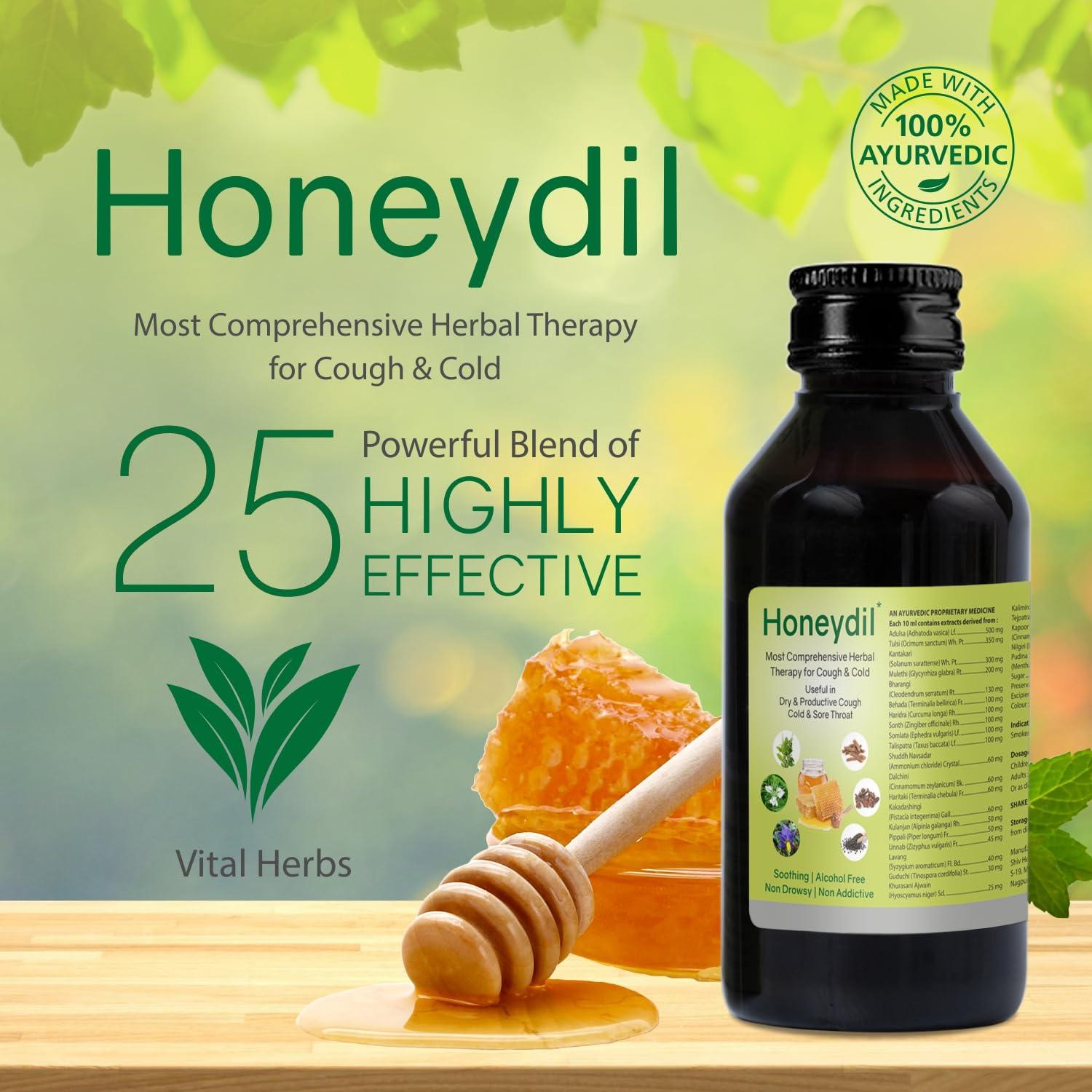 Honeydil Honeydil Cough Syrup 100 ml | With goodness of Adulsa, Tulsi, Kantakari, Haridra, Bharangi & Mulethi |Natural Ingredients| Non-Drowsy (Pack of 1 (100ml))