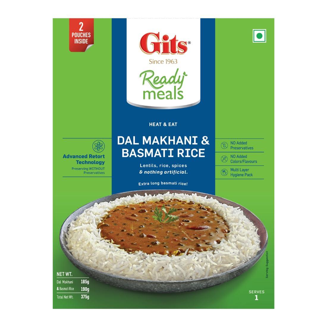 Gits Gits Ready to Eat Basmati Rice + Dal Makhani Combo Indian Meal, Pure Veg Heat and Eat, 1125g (Pack of 3 X 375g Each)