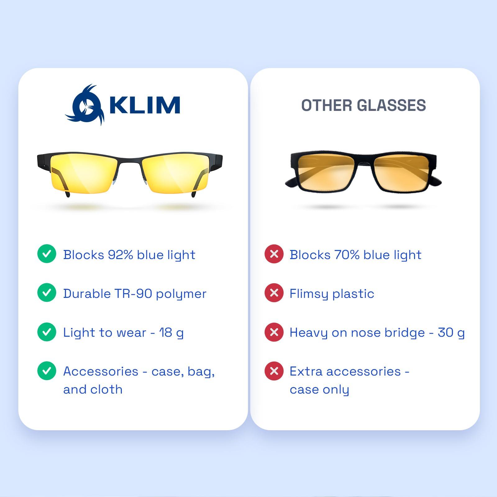KLIM KLIM Optics Blue Light Blocking Glasses - NEW 2024 - Reduce Eye Strain and Fatigue - Gaming Glasses for PC Mobile TV - Blocks 92% Blue Light - Computer Glasses with UV Protection