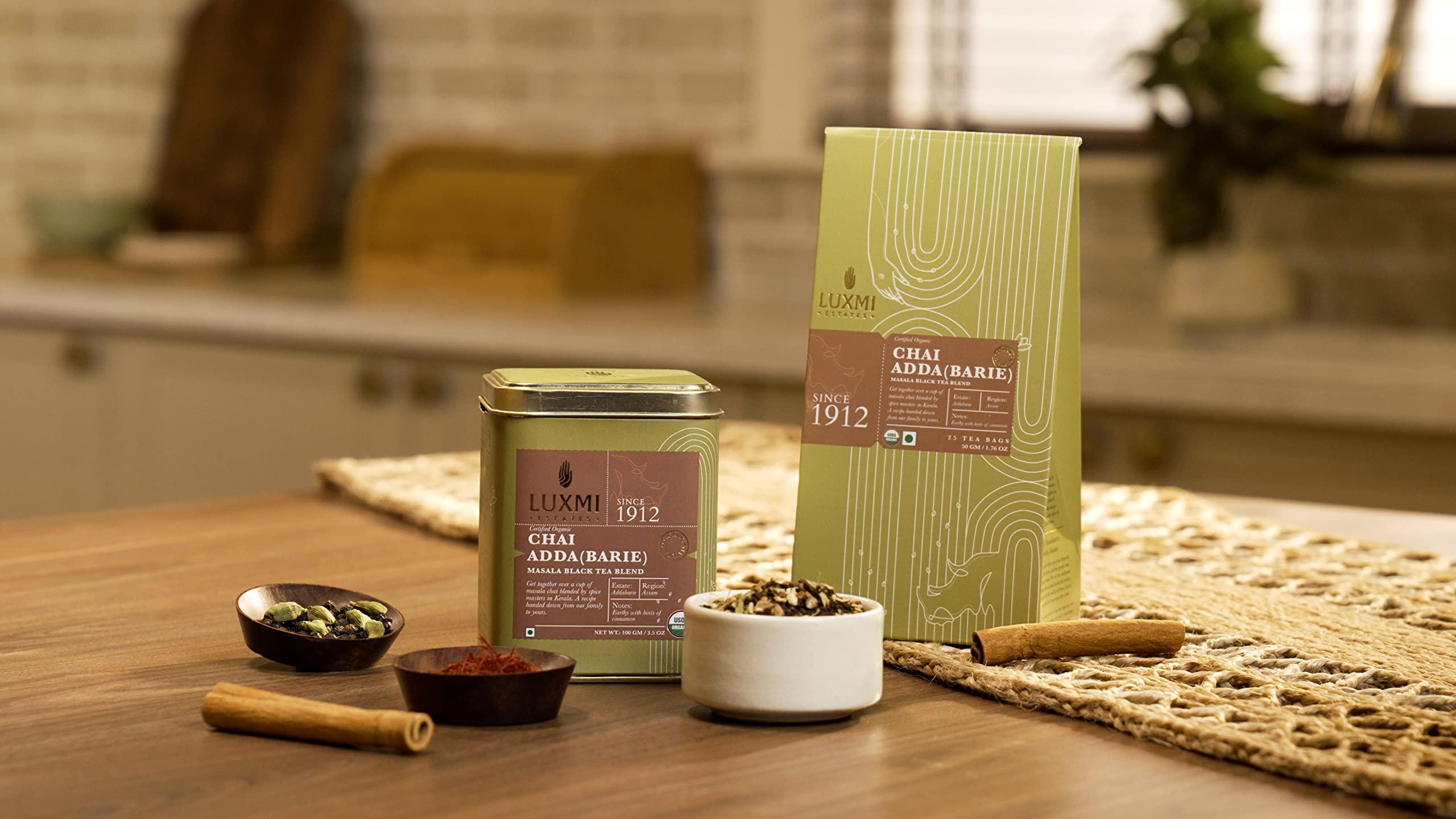 LUXMI LUXMI Estates Masala Chai Powder 100Gm Pack | Chai Adda-Bari | Organic Black Tea | Strong, Robust & Aromatic Masala Chai | Indian Spice Chai Enriched With Cinnamon & Cardamom | Energy Booster