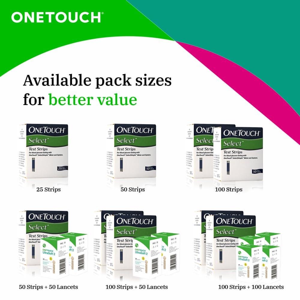 OneTouch OneTouch Select Test Strips | Pack of 100 Strips with 100 OneTouch Ultrasoft Lancets | Blood Sugar Test Machine Testing Strips | Global Iconic Brand | For use with OneTouch Select Simple Glucometer