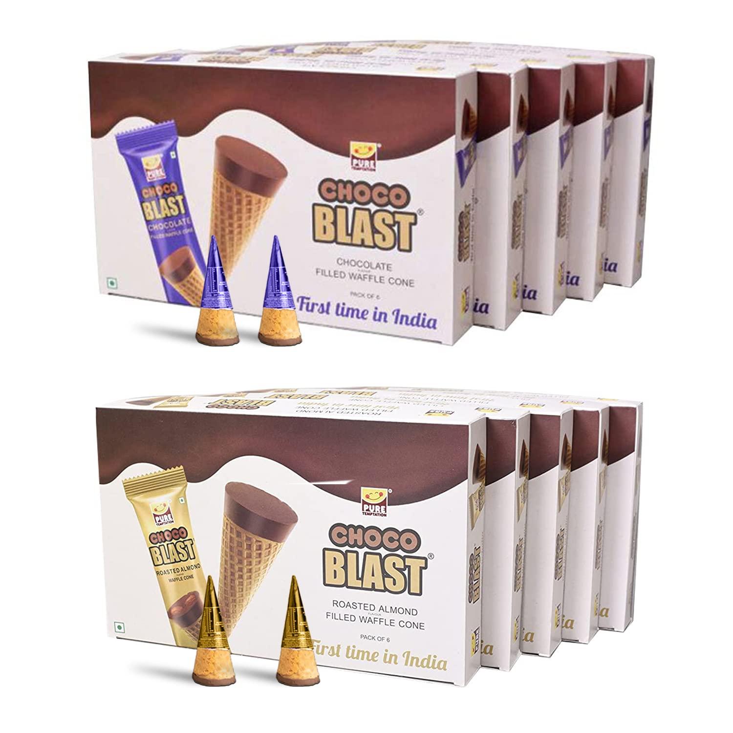 Pure Temptation Pure Temptation ChocoBlast Premium Delicious Chocolate Flavoured Choco Fills Waffle Cones - Chocolate Gift Box - Pack of 10 (Chocolate Pack of 5 + Almond Pack of 5) (Each Box Contains 6 Pcs)