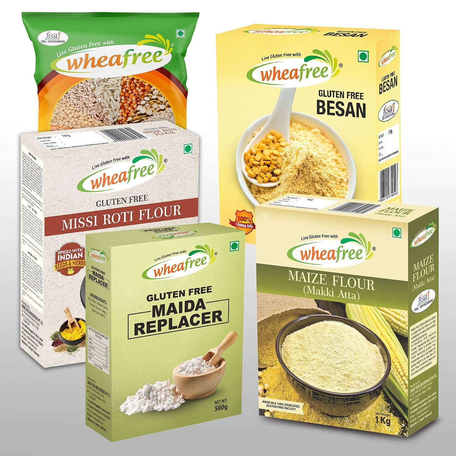 wheafree Wheafree Gluten Free Makki Atta (1Kg), Gluten Free Multigrain Flour (1Kg), Gluten Free Besan (1Kg), Gluten Free Maida Replacer (500g) and Gluten Free Missi Roti Atta (1Kg) | Gluten Free Flours Combo P
