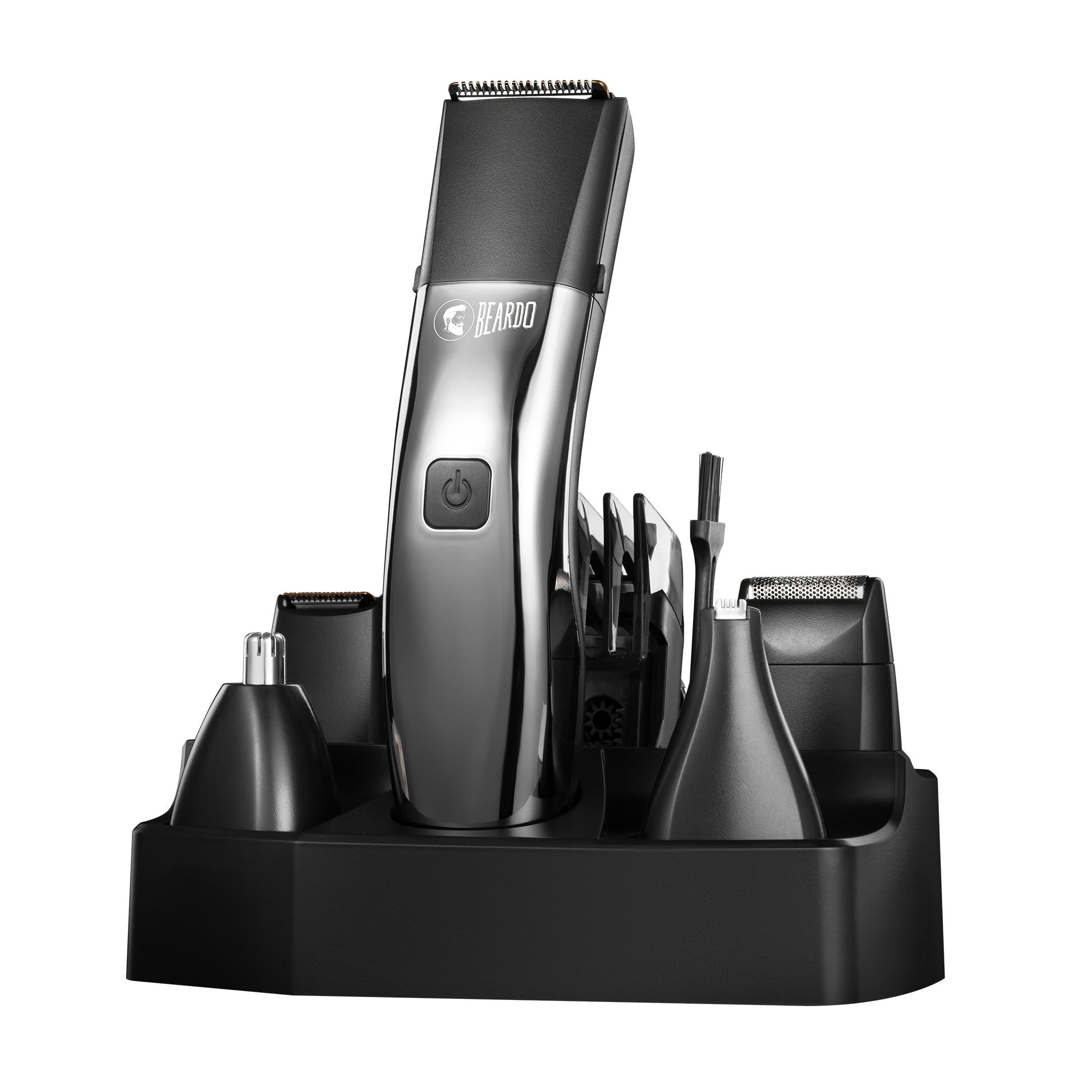 BEARDO Beardo Chrome Beast Multipurpose Full Body Groomer Trimmer Set For Men | 40 Length Settings | 8 attachments | Beard/Hair/Body/Precision/Ear/Nose Trimmer|With Dock|90 min. run time | All-in-1 trimmer | Gift For Brother | Gift For Friends