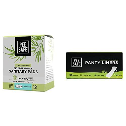 PEESAFE Pee Safe Organic Cotton, Biodegradable Sanitary Pads (Pack of 10, Overnight) & PEESAFE Aloe Vera Panty Liners for Extra Comfort (Set of 2, 50 Liners)