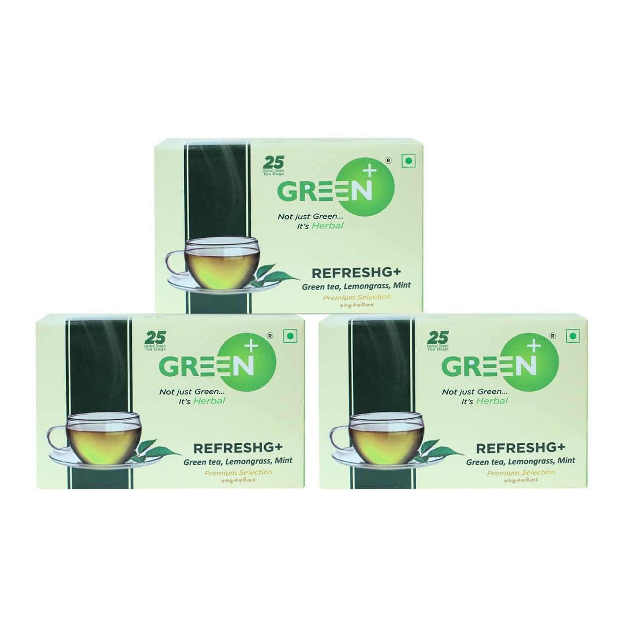 BUD WHITE TEA BUD WHITE TEA RefreshG+ Green Tea with Mint and Lemongrass,Green Tea Bags, (Pack of 3, 25 Tea Bags each)