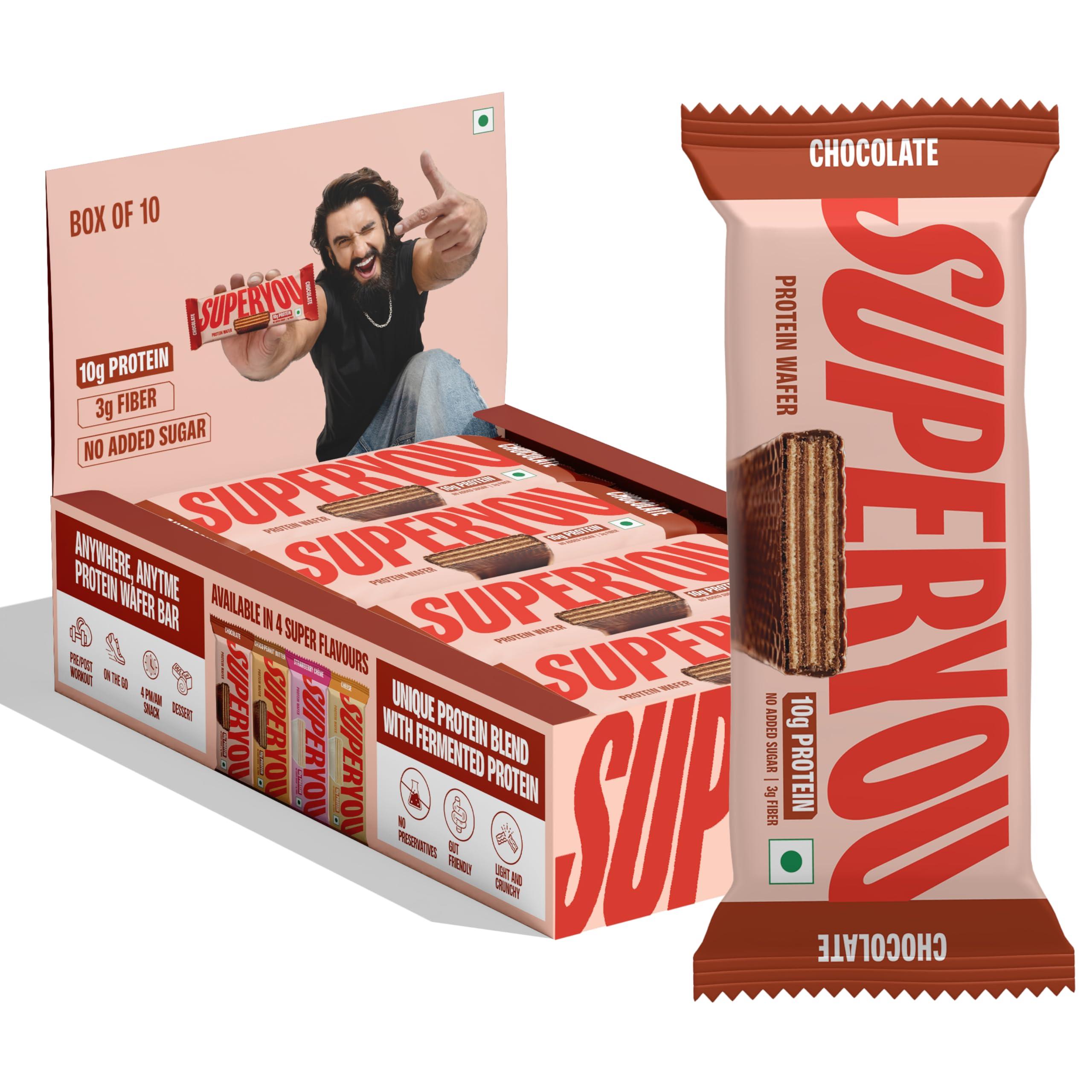Superyou SuperYou Chocolate Protein Wafer Bars (Pack of 10)|10g Protein, 3g Fiber, No Added Sugar|Yeast Fermented Protein|Energy Bars|Crunchy Wafer Bar|100% Vegetarian|No Palm Oil|400g