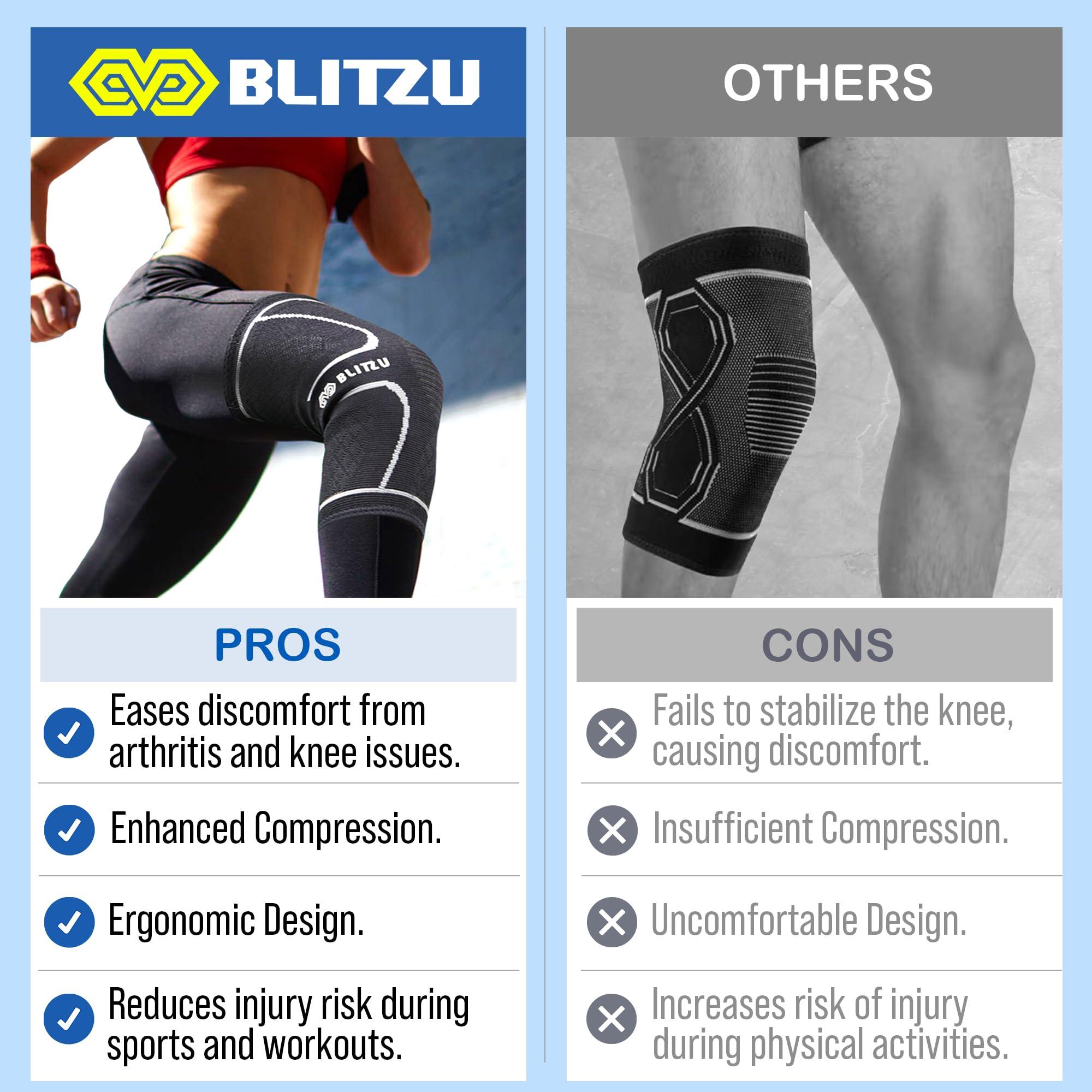 BLITZU BLITZU Flex Plus Compression Knee Brace Men and Women for Joint Pain, ACL MCL Arthritis Relief Meniscus Tear Support for Running Gym Workout Recovery Sleeves Strap Patella 7mm 5mm Neoprene Pad