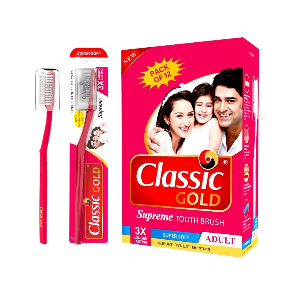 Classic gold Classic Gold Supreme Super Soft Manual Toothbrush For Adults Pack Of 12 With New Anti Bacterial Crystal Clear Cap And Also Premium Dupont Bristles