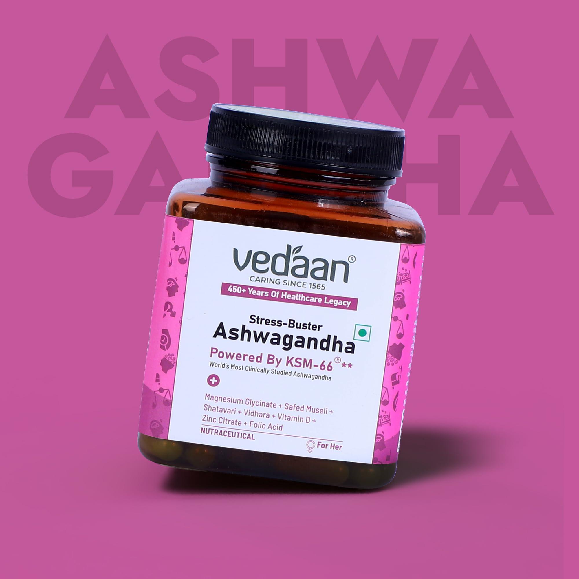 Vedaan Vedaan KSM-66 Ashwagandha for Women - Energy, Stress Relief & Sleep Improvement | Formula for Mood, Focus & Immune Support | Assistance in Hormonal Support - 60 Capsules Pack
