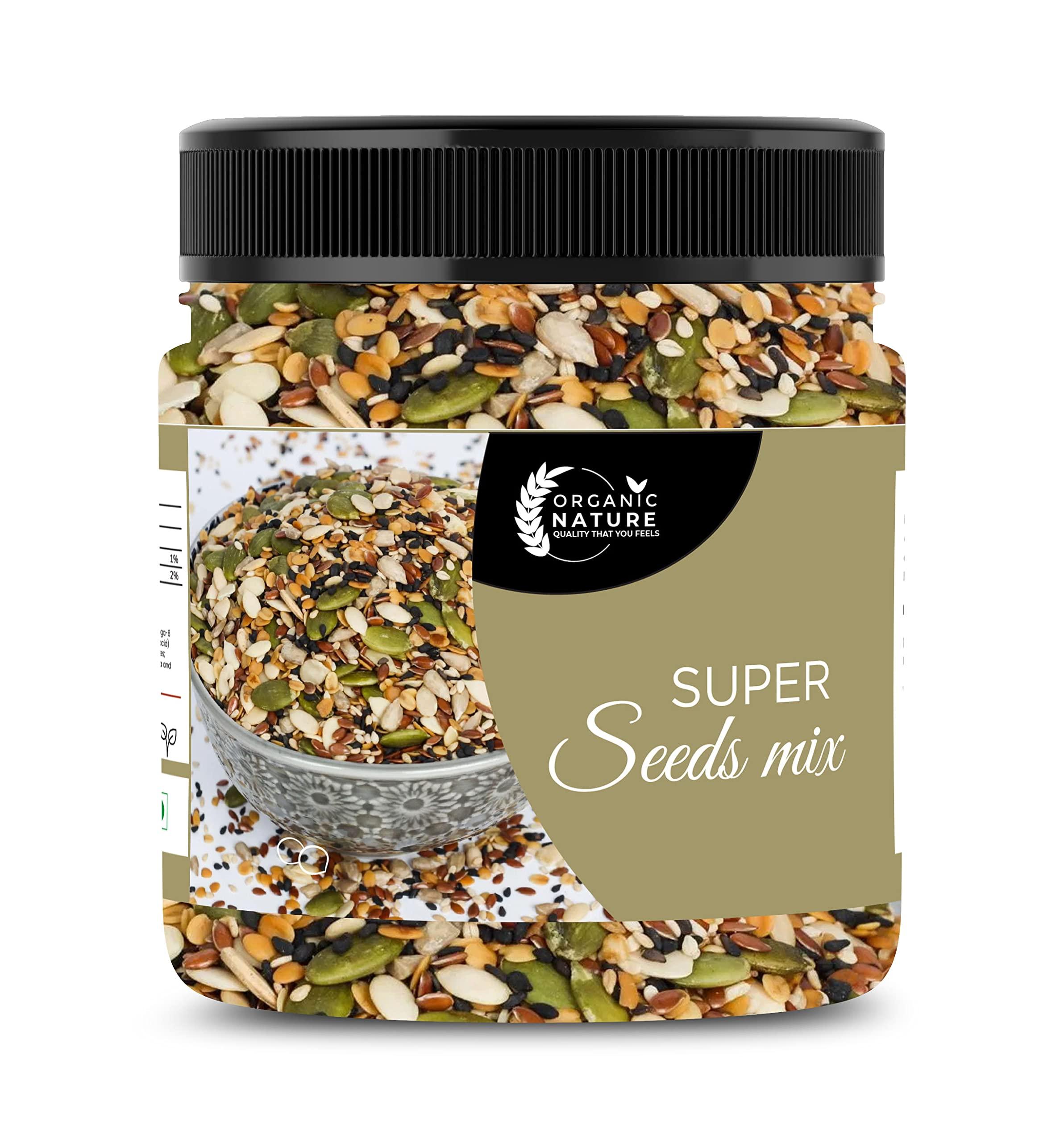 ORGANIC NATURE Organic Nature Edible Healthy Seeds 6-in-1 Raw Seeds Mix 250 gm | Pumpkin, Sunflower, Chia, Flax, Watermelon, Sesame Seeds| Jar Pack| (1Kg (Pack of 4 of 250 Grams))