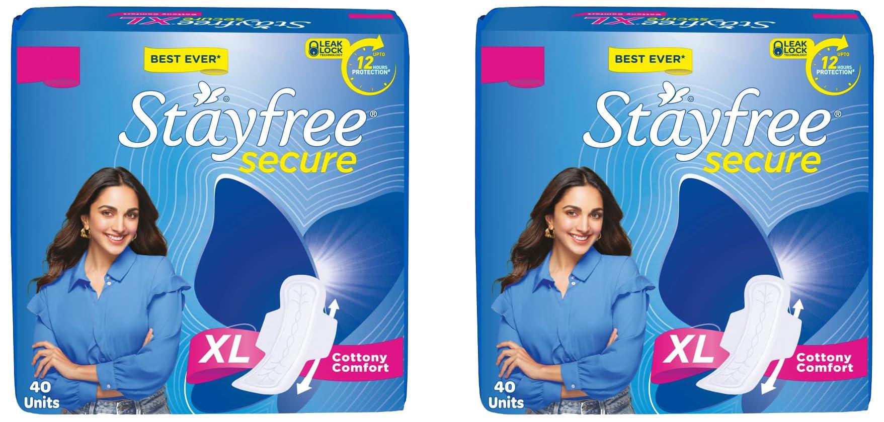Stayfree Stayfree Secure xl | Cottony Soft Sanitary Pads for Women | With LeakLock Technology | Odour Control | Absorbs upto 100% fluid | Up to 12 Hours of Protection | 40 Pads (Pack of 2)