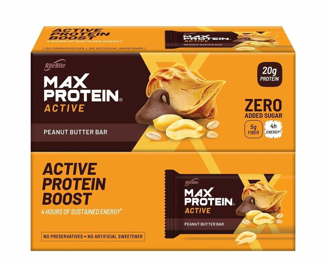 RiteBite Max Protein RiteBite Max Protein Active Peanut Butter Protein Bars with 20g Protein, 5g Fiber & 21 Vit. & Minerals | 0 Added Sugar, No Cholesterol & Trans Fat For Upto 4h of Energy, Healthy Snack, 70g (Pack of 12)