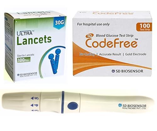SD Codefree SD Codefree Blood Glucose Meter with 100 test Strips 100 Round Lancet and a Lancing Device - Glucometer (Black)