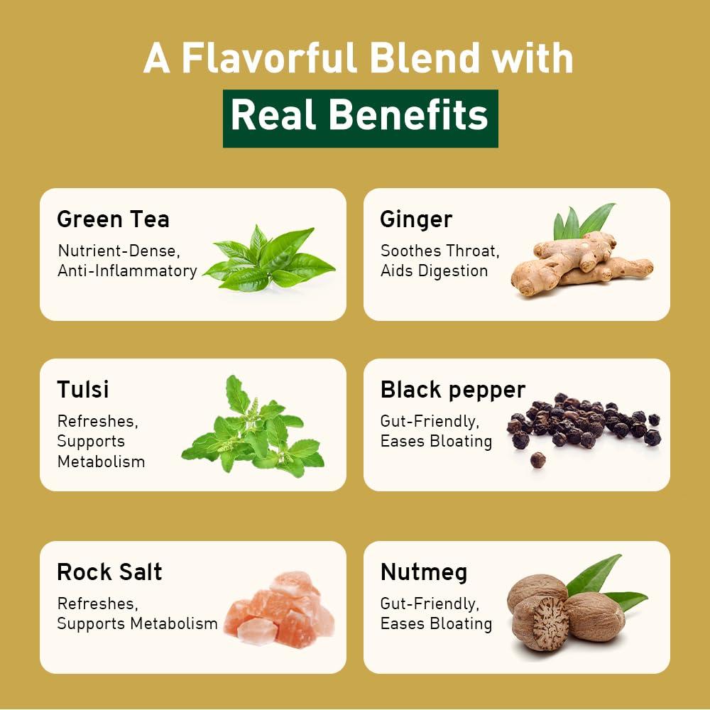 HANDPICK HANDPICK, Vedic Detox Kahwa Green Tea - 100 Tea Bags | Improves Digestion & Aids in Detoxification | Blend of 10 Real Ayurvedic Herbs - Tulsi, Ginger, Black Pepper, Clove, Nutmeg & Rock Salt