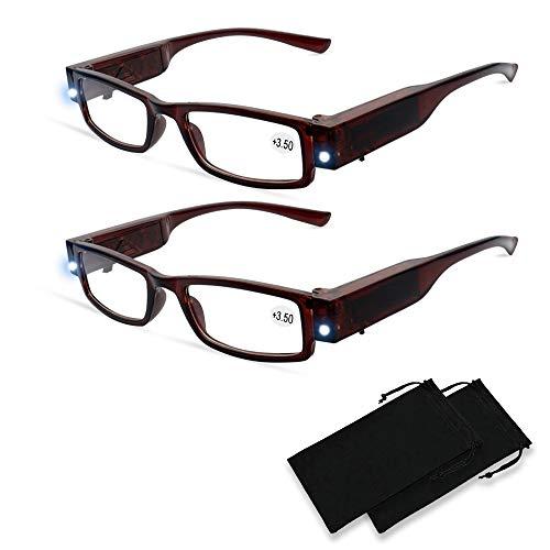 DuanMei 2 Pcs Reading Glasses Led Readers with Lights Fashion Glasses for Reading for Men and Women Lighted Magnifier Nighttime Reader Compact Full Frame Eyewear Unisex Clear Vision Lighted Eye Glasses+3.5