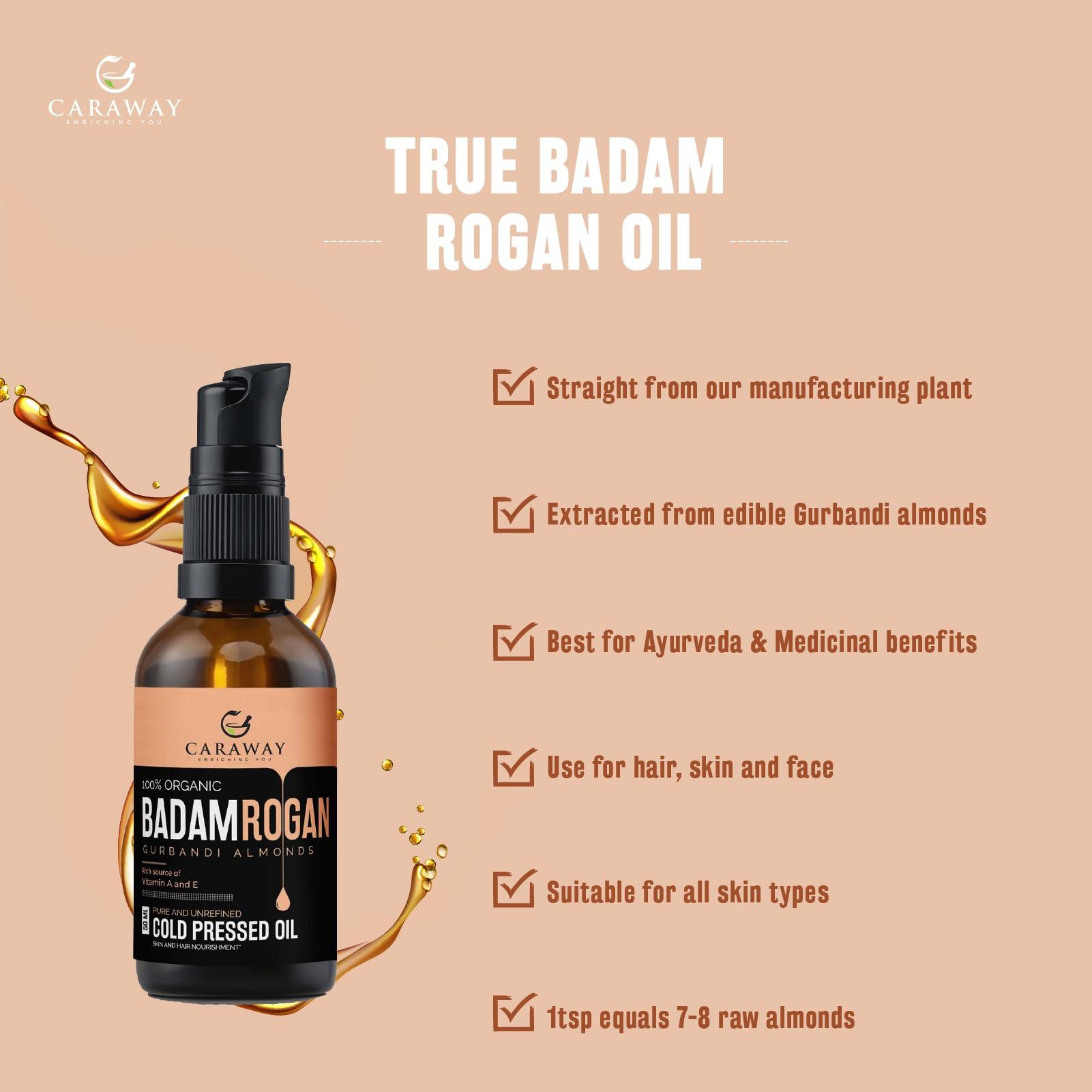 CARAWAY CARAWAY Certified Organic Almond Oil for Face - Cold Pressed Badam Rogan Oil for Baby Massage and Hair Care - Edible Grade - 50 ml