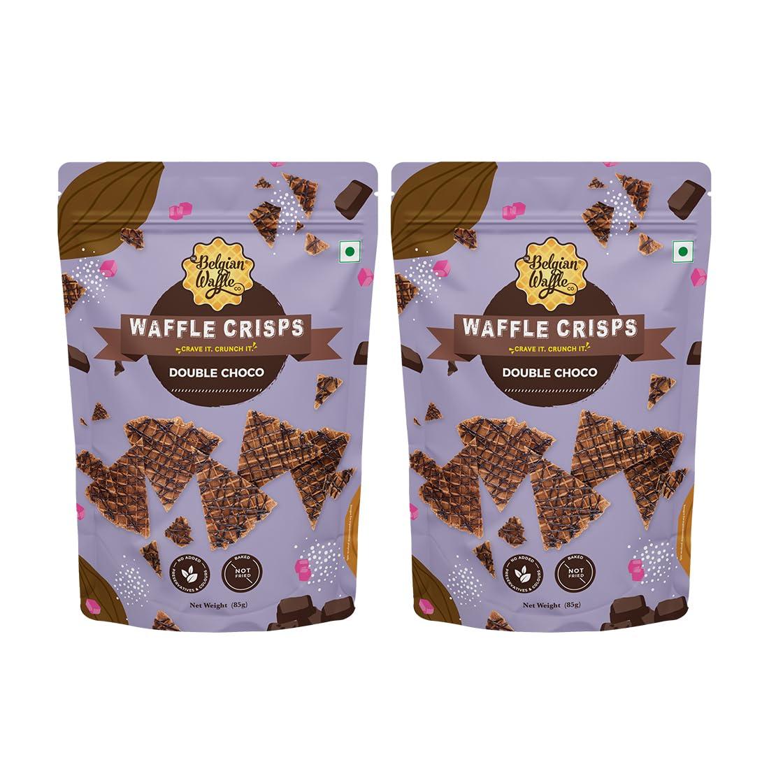 The Belgian Waffle Co The Belgian Waffle Co - Double Choco Waffle Crisps, Thin, Crunchy, Eggless, Baked Not Fried, Healthy Snacks for Breakfast - 85gm Each (Pack of 2), Chocolate