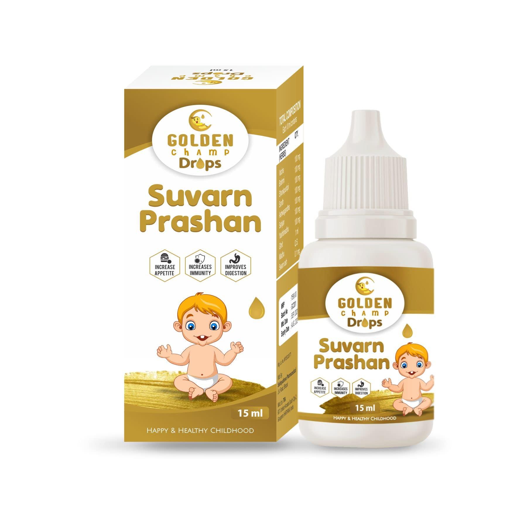 Golden Champ Drops Golden Champ Drops Swarna prashana drops with Gold Ash | Swarna Prashan | Suvarnaprashan drop for Children Ayurvedic Immunity Booster for Kids (15 ml) (GMP Certified & Ayush Approved).