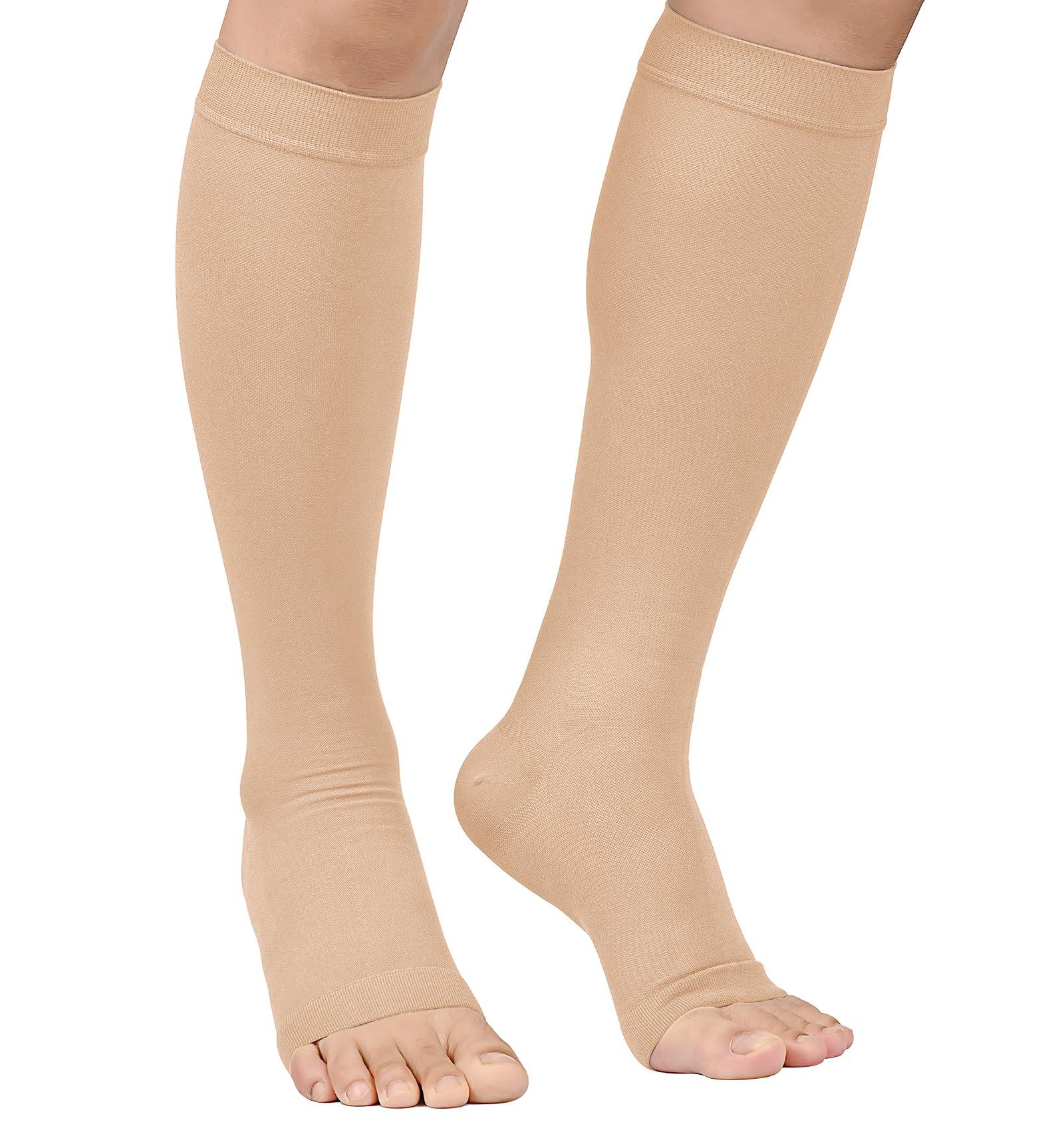 MGANG Compression Socks, Open Toe, 15-20 mmHg Graduated Compression Stockings for Men Women, Knee High Compression Sleeves for DVT, Maternity, Pregnancy, Varicose Veins, Relief Shin Splints, Beige XXL