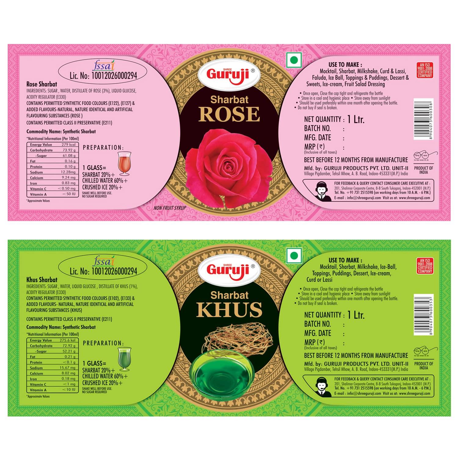 SHREE Guruji SHREE Guruji Rose Sharbat & Khus Sharbat Combo Pack Sizzling Beverage Instant Refreshing Syrup Drink For Summer (1 Litre), Liquid