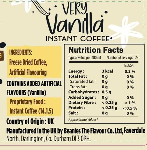 Beanies The Flavour Co BEANIES Flavoured Instant Coffee Powder - Very Vanilla Hot & Cold Coffee Makes 25 Cups 100% Arabica Light Roasted Coffee Sugar Free 50g. Bottle (Very Vanilla)