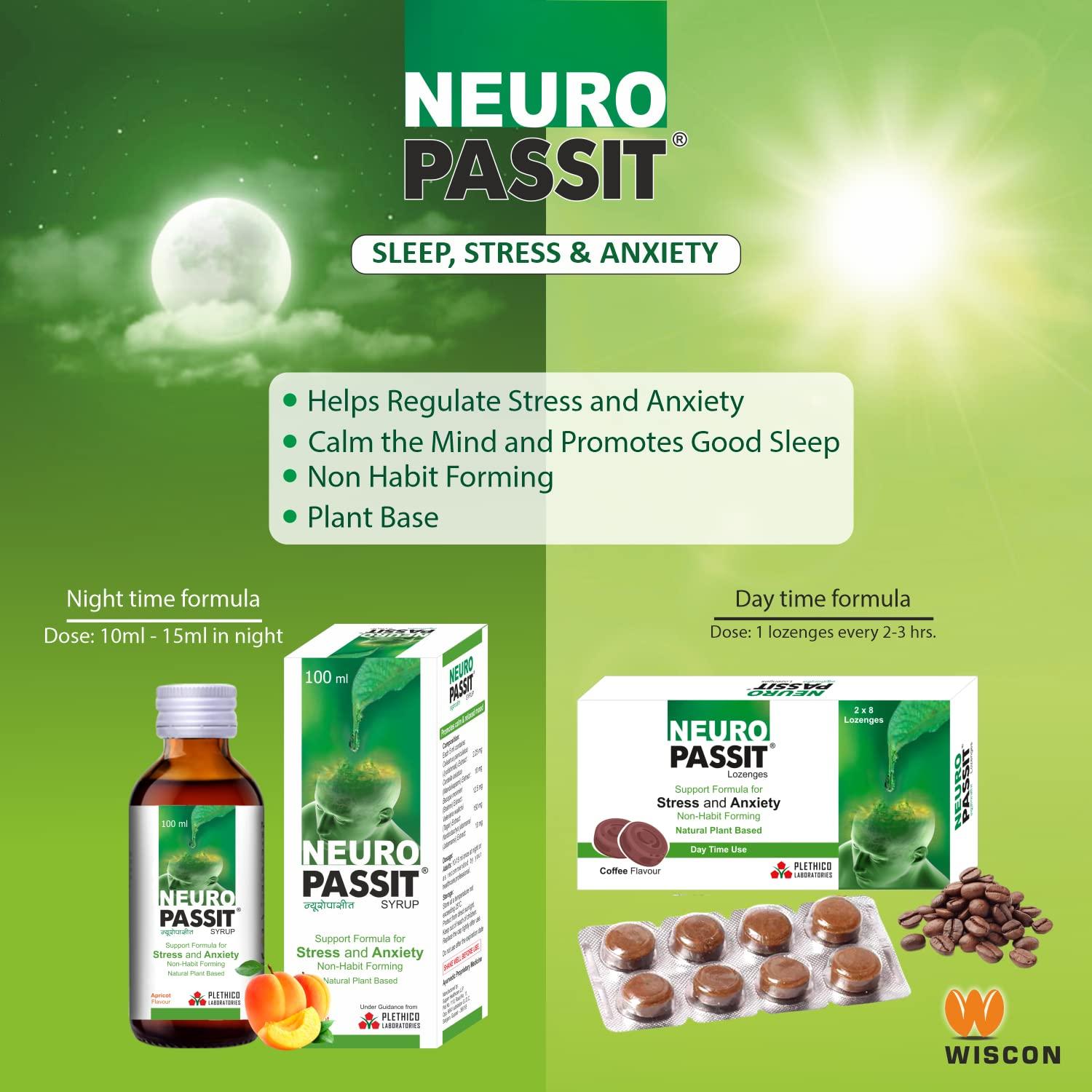 Wiscon Neuropassit Lozenges | 48 lozenges Helps in Reduces Stress and Anxiety | Ayurvedic Natural herbal Plant based | day time Formula | Buccal absorption | coffee flavour| non drowsy antistress | brain tonic | jyotishmati | Brahmi | tagar | Amla
