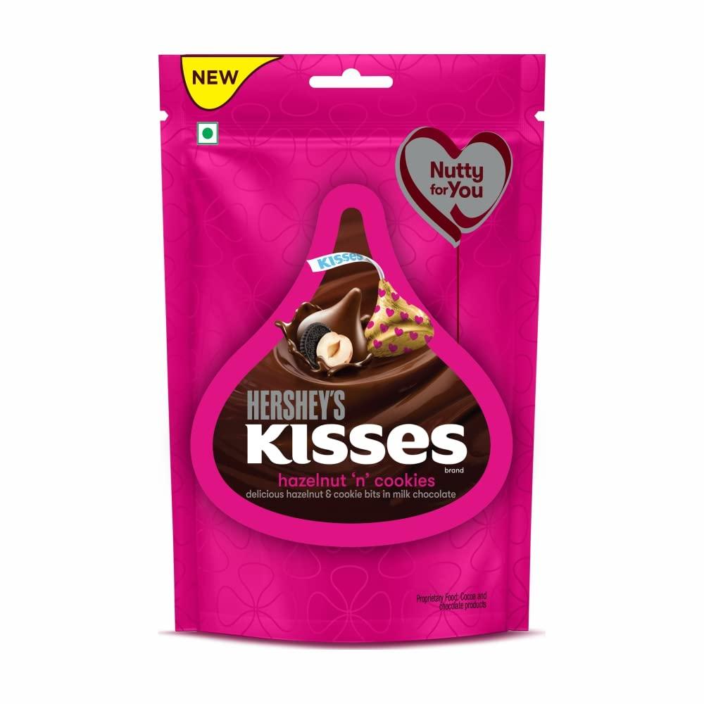 HERSHEY'S HERSHEY\'S Kisses Hazelnut \'N\' Cookies Pack Of 3 - Ingredients:Sugar,Milk Solids (21.5%),Cocoa Butter,Cocoa Solids (11.3%),Hazelnut Bits (5.5%),Cookies (4.5%) (Refined Wheat Flour (Maida), 100.8 Gm