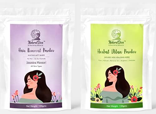 Natural Diva Natural Diva Combo Herbal Hair Removal Powder with Herbal Body Ubtan | Jasmine Flavour | Multani Mitti Based Waxing Powder | Instant Hair Remover |