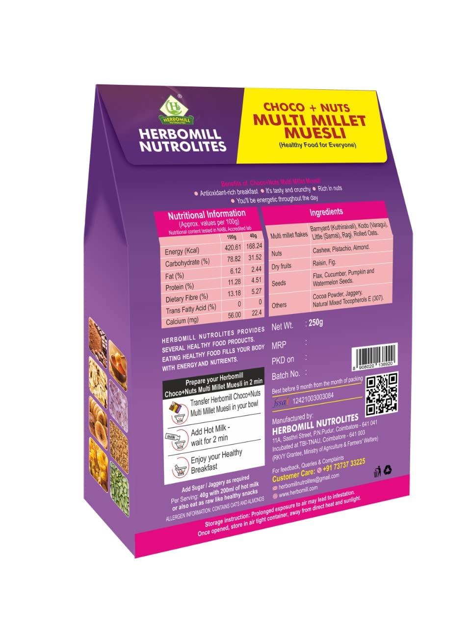HERBOMILL NUTROLITES Herbomill Nutrolites Chocolate Nut Muesli: Delicious Multigrain Breakfast (250g) - Rich in Protein & Fiber