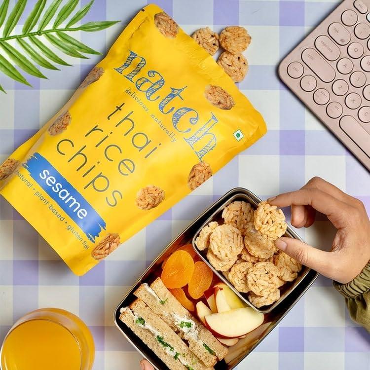 natch Natch Thai Sticky Rice Chips, Gluten Free, Party Family Pack, Vegan, All Natural Crunchy Crackers (Sesame) 100 Gm (Pack of 3)