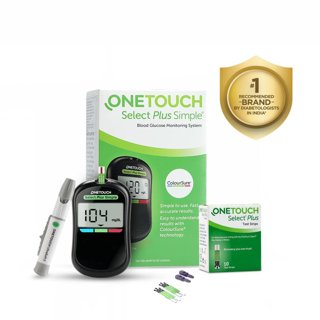 OneTouch OneTouch Select Plus Simple glucometer machine | Simple & accurate testing of Blood sugar levels at home | Global Iconic Brand | FREE 10 Test Strips + 10 Sterile Lancets + 1 Lancing device