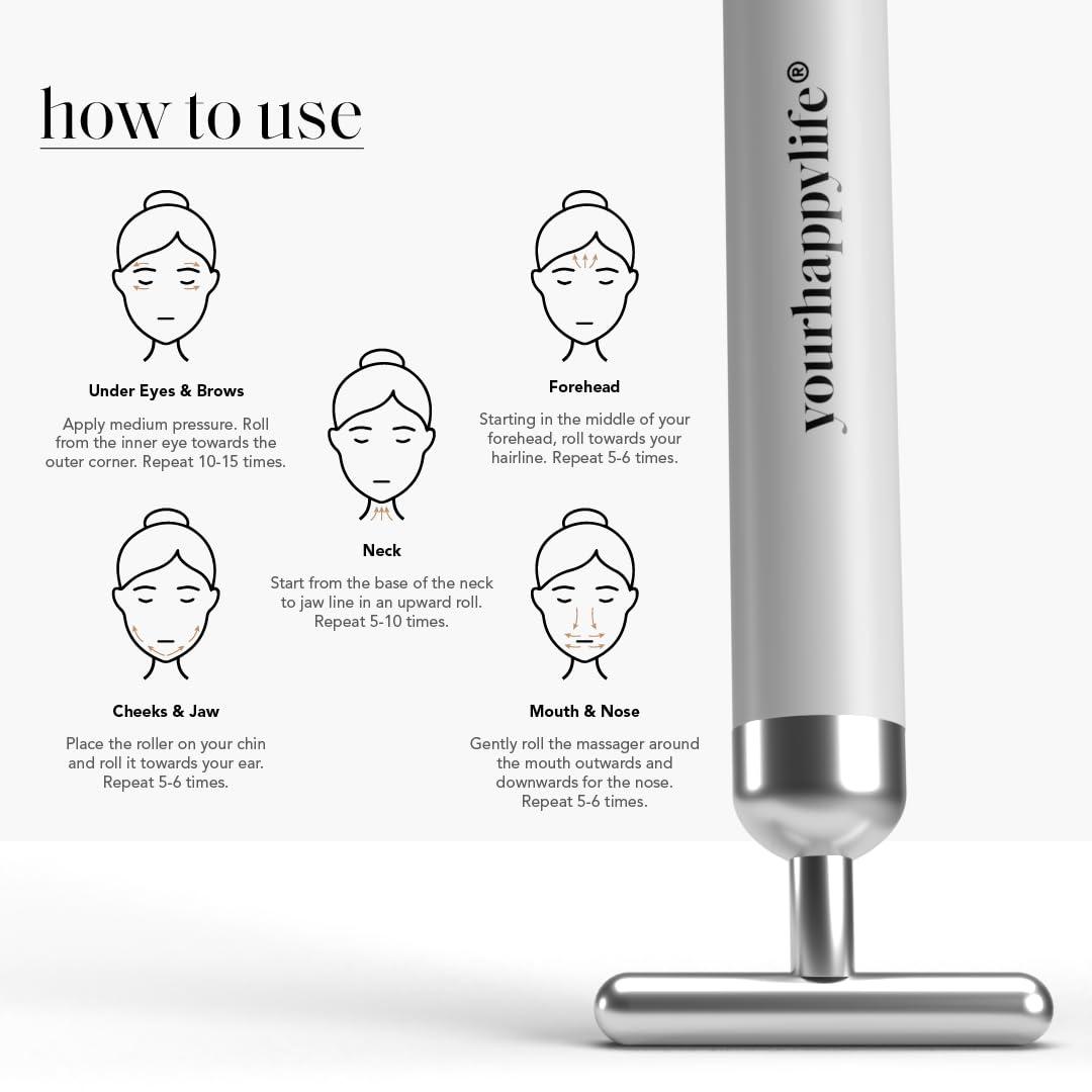 yourhappylife YourHappyLife Sculpt Face Roller T-Shaped electric (Battery Operated) Dermateq Silver Coated | Anti Wrinkle Massager for Forehead, Eye, Neck & Collar Bone (Silver Colour) | Skin Elasticity, De-Puff.