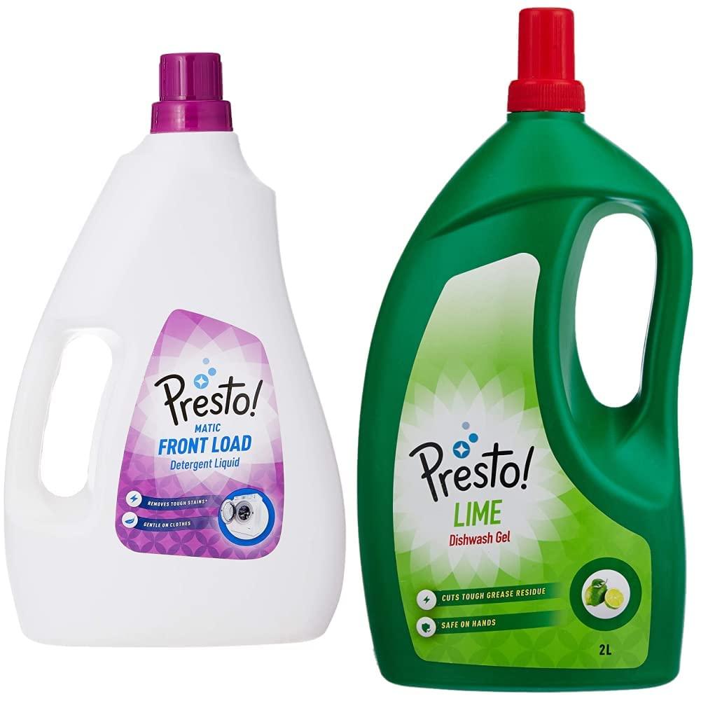 Presto! Amazon Brand - Presto! Matic Front Load Detergent Liquid - 2 L & Amazon Brand - Presto! Dish Wash Gel - 2 Litre (Lime)