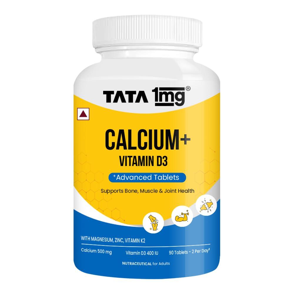 TATA 1MG TATA 1mg Calcium & Vitamin D3 supplement with Zinc, Magnesium & Alfalfa | High absorption Calcium Citrate Malate form | 500mg Calcium & 400iu Vitamin D3 | For strong bones & joints | 90 tablets
