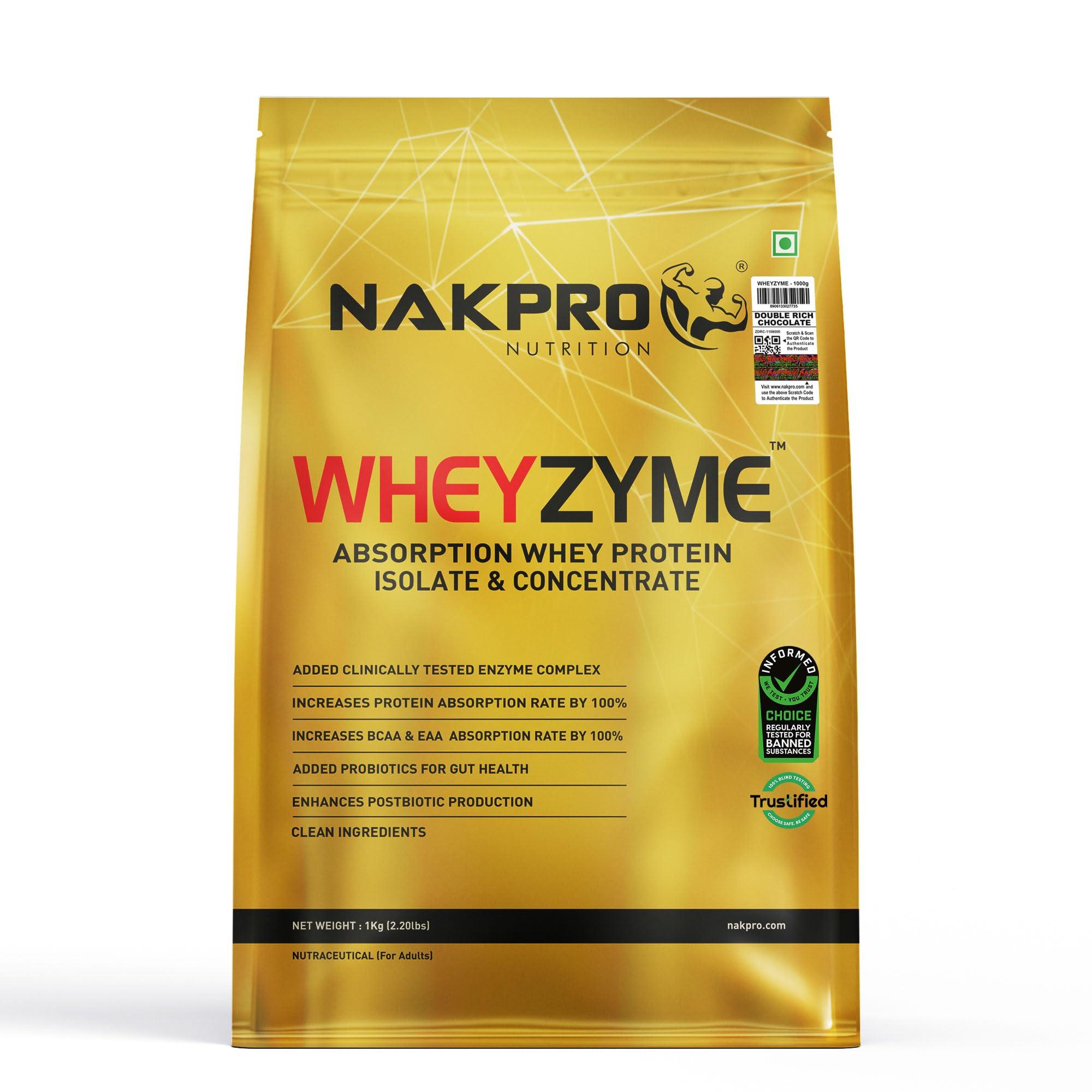 NAKPRO NAKPRO WheyZyme Whey Protein Powder, Double Rich Chocolate, Informed Choice & Trustified Certified | Isolate & Concentrate, Clinally Tested 100% Higher Protein Absorptio (1kg, Double Rich Chocolate)