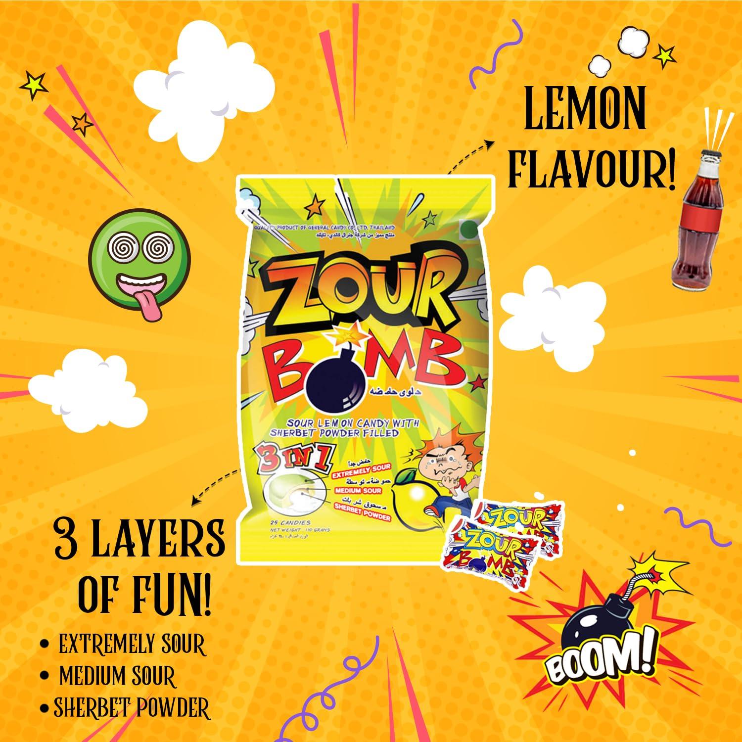Zour Bomb Zour Bomb Sour Candy Combo Pack of 4 (Cola & Lemon) 110g each, Candies from Thailand, Share with Friends & Family