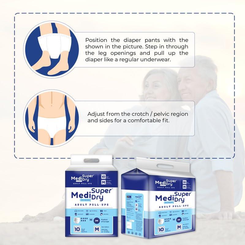 MediSuperDry MediSuperDry Adult Diaper Pants, Unisex -Medium (M) Size, Adult Pull-Ups, High Absorbency, Leak Proof, Overnight Protection, Elastic Waist Size (71-110 Cm | 28-44 Inches), 30 Pieces, Pack Of 3