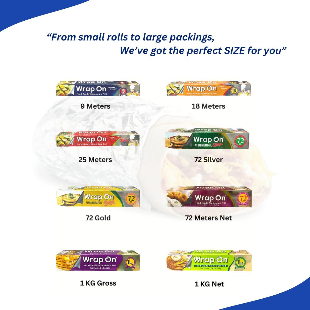 Wrap On Wrap On Aluminium Foil Paper 1 kg 18 Micron Roll for Food Packing with Cutter, Heavy Duty Foil Paper for Food Wrap Roll 1kg, Silver Aluminum Foil Wrap Paper Roll for Roti Kitchen (Pack of 1).