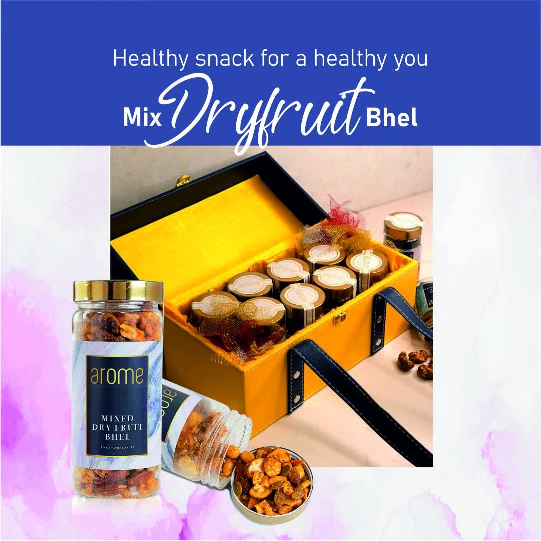 arome arome Mix Dry Fruits Bhel, 250 gm Pack | Mixed Nuts Like Almond, Cashews, Raisins, Pista with Unique Indian Spices | Healthy Snacks for Small Hunger | Assorted Dry Fruit, Berries and Nuts Mix